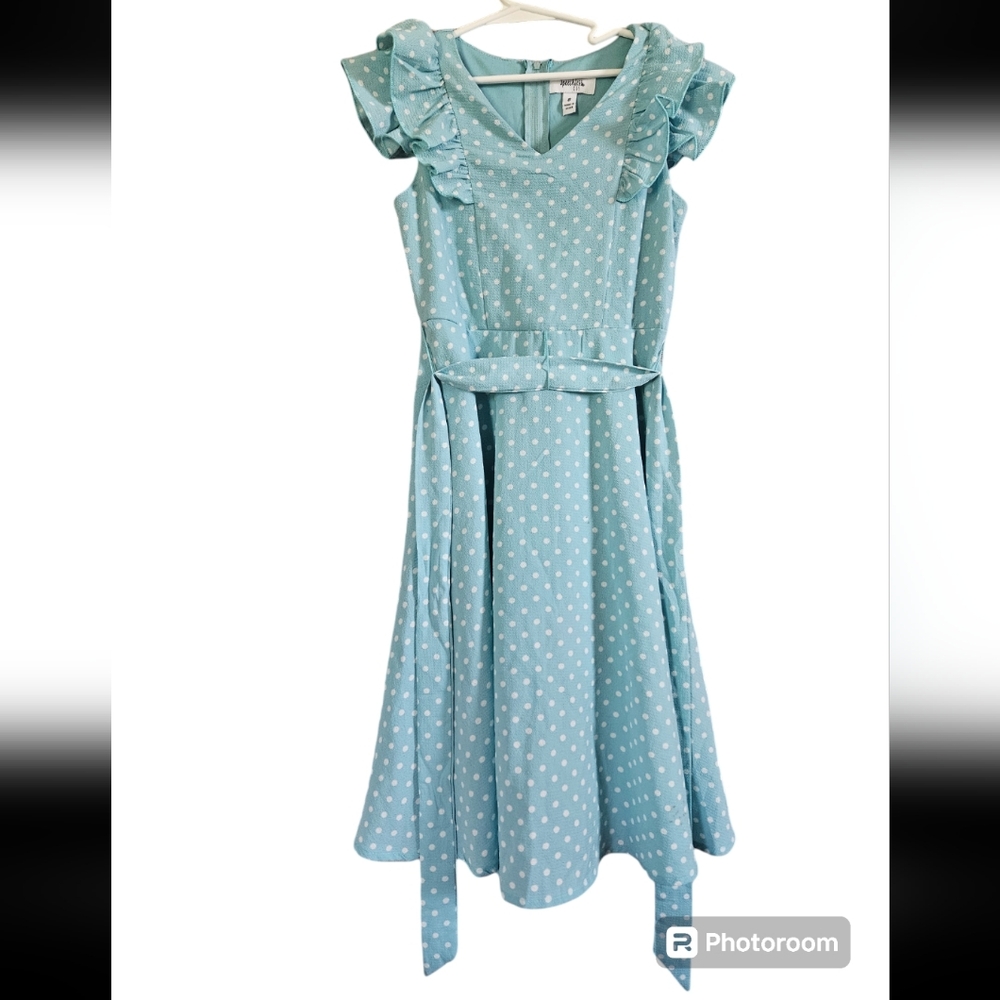 Speechless size 8 aqua/turq/mint girl's dress.lined.Polka dots.ruffles.sash.NWOT